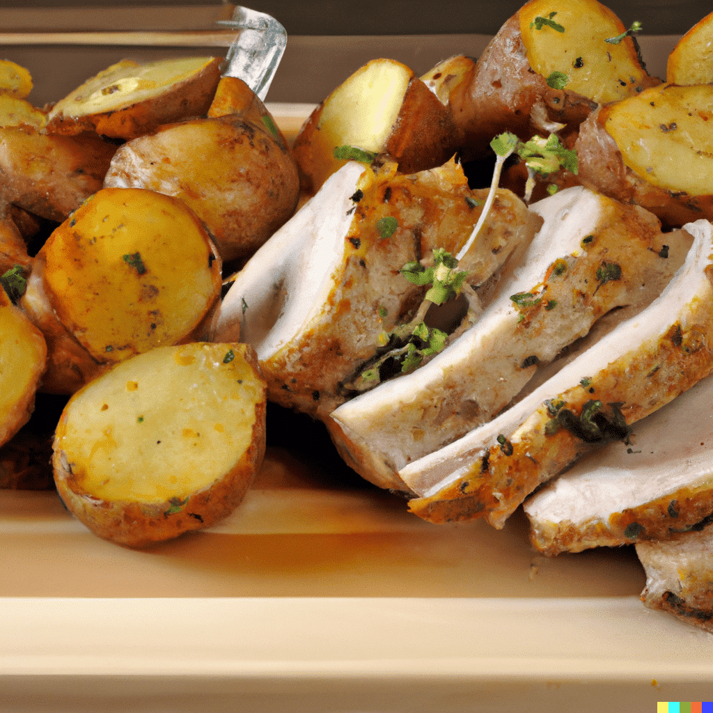 cutting board with herb roasted pork loin with potatoes