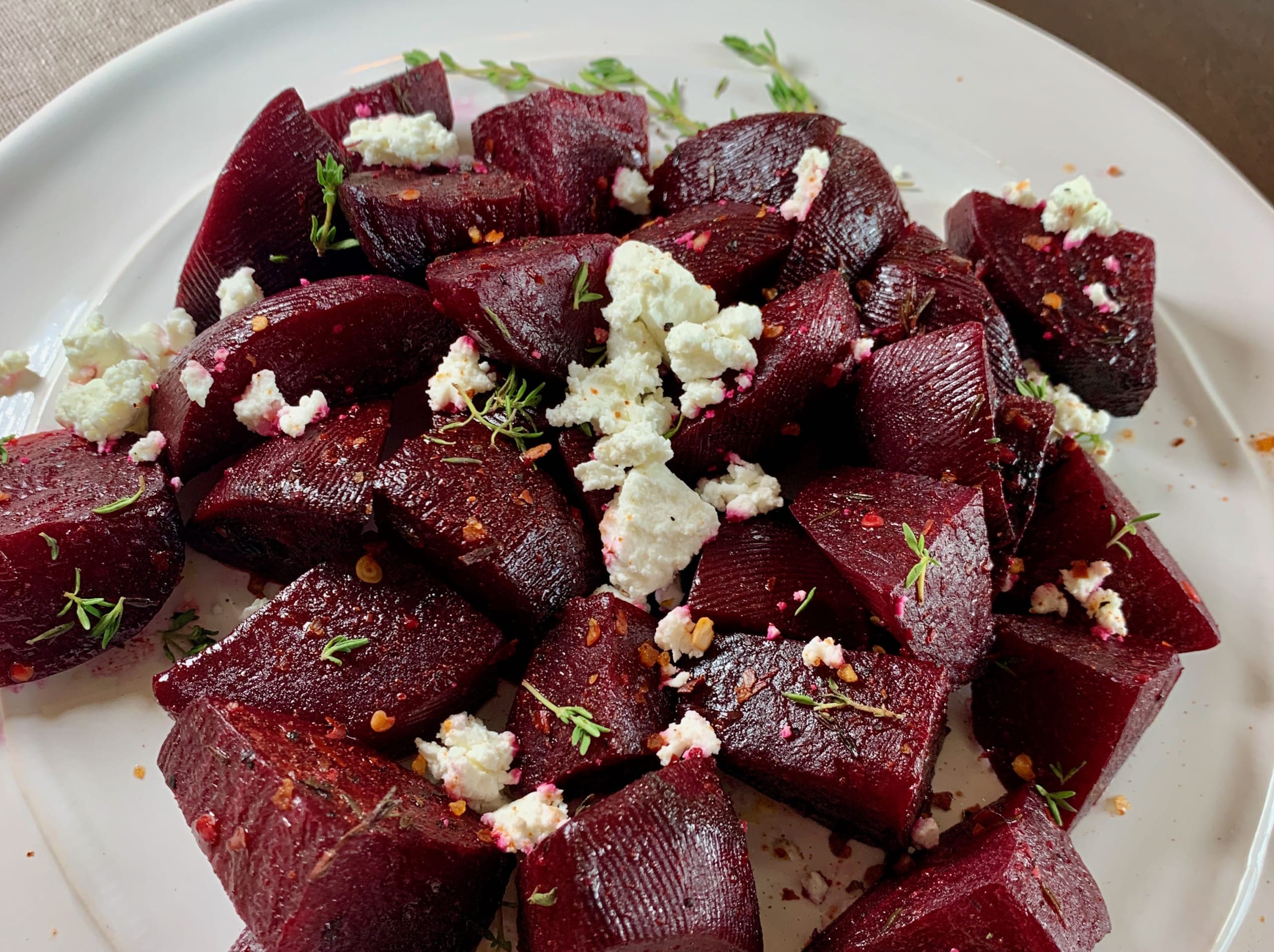 plate of roasted beets with goat cheese
