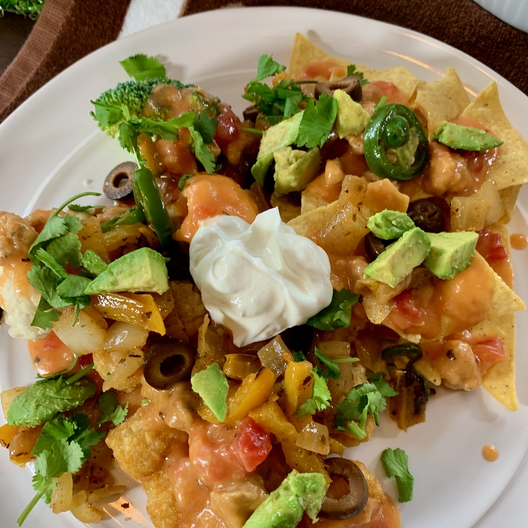 plated piled with nachos