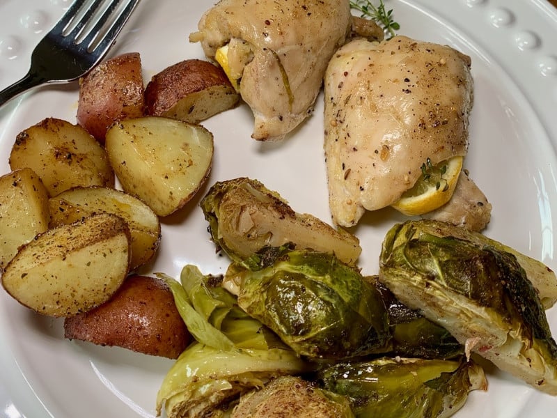 plate with a chicken sheet pan meal
