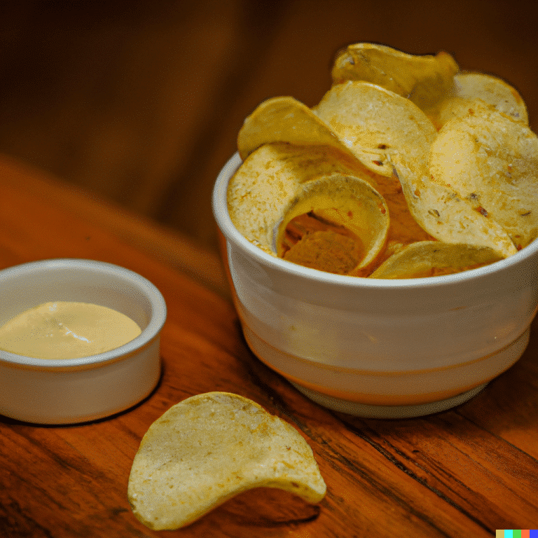 bowl of seasoned chips with a cup dipping sauce on a wooden table