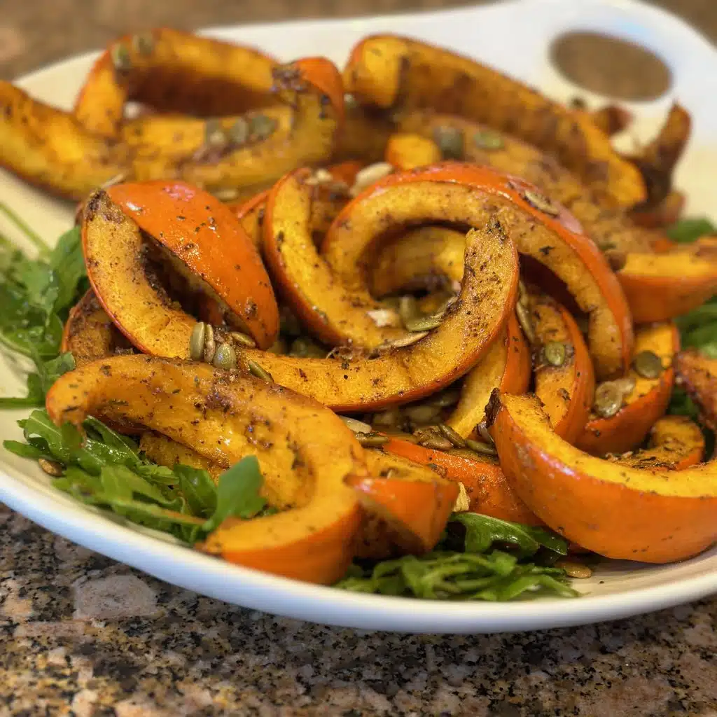 Roasted Pumpkin seasoned with Big Tom's spice rub on a platter